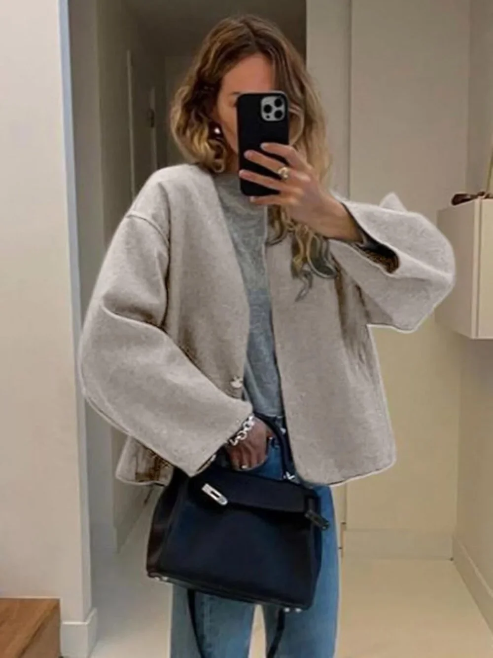 Women's Apricot Cropped Wool Blend Collarless Long Sleeve Short Pea Overcoat